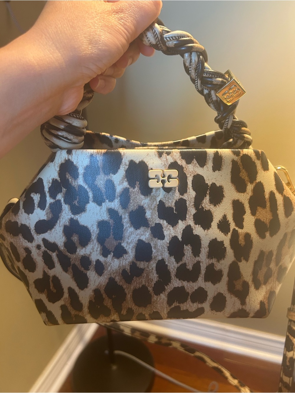 Ganni Leopard-Print Shoulder Bag in Black and Brown